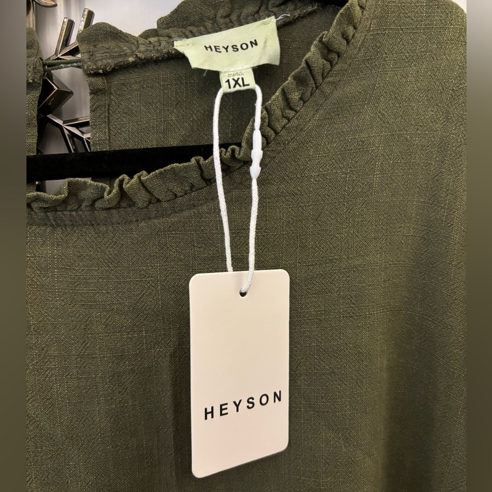 Heyson Size 1XL Green Washed Gauze Ruffled High Neck Long Sleeve Dress - Picture 9 of 13